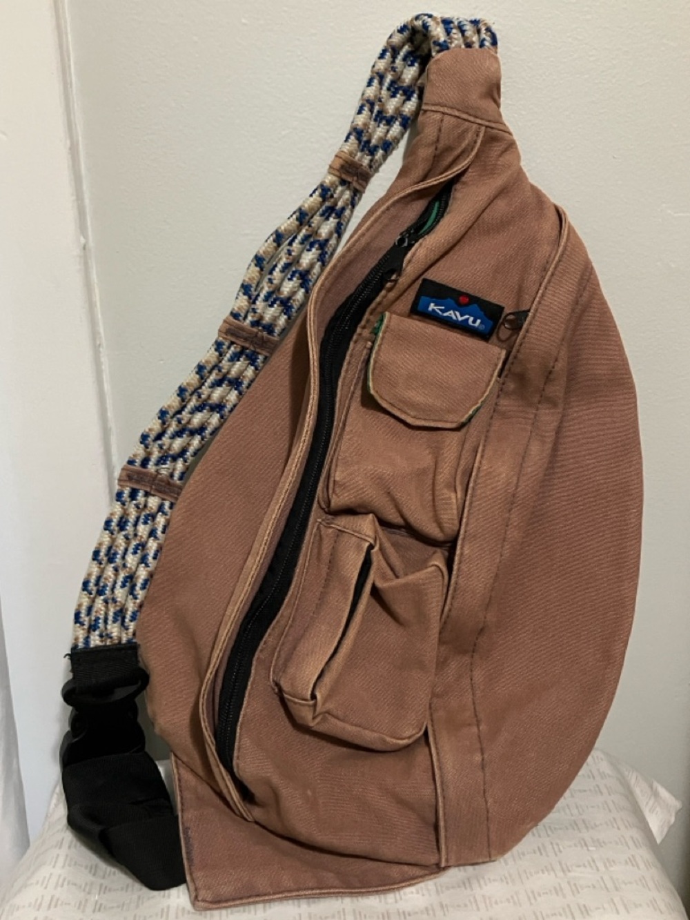 Kavu Tan Canvas Sling with Blue-White Braided Strap